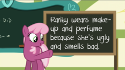 Size: 1920x1080 | Tagged: safe, derpibooru import, edit, edited screencap, screencap, cheerilee, g4, the cart before the ponies, chalkboard, drama, female, implied rarity, mare, meme, op is a cuck, op is trying to start shit, ponyville schoolhouse, solo, teacher, writing