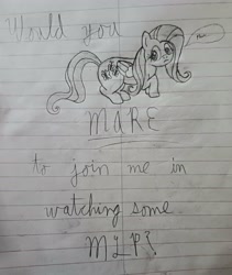 Size: 2808x3326 | Tagged: safe, artist:sewaddle36, derpibooru exclusive, derpibooru import, fluttershy, pegasus, pony, g4, crouching, female, lined paper, mare, note, pencil drawing, pun, shy, solo, speech bubble, text, traditional art