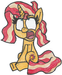 Size: 895x1078 | Tagged: safe, artist:captainquack64, derpibooru import, sunset shimmer, pony, unicorn, g4, 2018, bacon, bacon hair, food, horn, meat, open mouth, simple background, solo, traditional art, transparent background