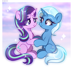 Size: 2500x2363 | Tagged: safe, artist:scarffist, derpibooru import, starlight glimmer, trixie, pony, unicorn, g4, base used, blue mane, couple, cute, diatrixes, duo, duo female, female, glimmerbetes, happy, holding hands, holding hooves, horn, lesbian, light skin, long hair, long mane, long tail, looking at each other, looking at someone, pink eyes, purple eyes, purple hair, purple mane, shipping, short mane, smiling, sparkles, startrix, tail