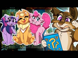 Size: 640x480 | Tagged: safe, artist:blixemi, derpibooru import, applejack, pinkie pie, twilight sparkle, oc, cat, applecat, brown fur, catified, eyes closed, grin, group, open mouth, open smile, orange fur, pink fur, pinkie cat, purple fur, smiling, species swap, twilight cat, warrior cats