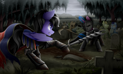 Size: 4000x2400 | Tagged: safe, artist:rainbowfire, derpibooru import, oc, oc only, oc:violett spectrum, pegasus, pony, undead, unicorn, zombie, zombie pony, armor, black mane, clothes, cloud, cloudy, cute, duo, female, fight, forest, forest background, gloomy, graveyard, horn, jacket, knight, male, mare, nature, raised hoof, raised leg, scythe, spread wings, stallion, sword, sword fight, tree, warriorshy, weapon, wicked, wings