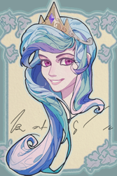 Size: 960x1440 | Tagged: safe, artist:erye037249, derpibooru import, princess celestia, human, bust, grin, humanized, portrait, smiling, solo