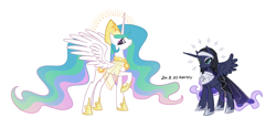 Size: 3420x1591 | Tagged: safe, artist:karoiy, derpibooru import, princess celestia, princess luna, alicorn, pony, clothes, dress, duo, duo female, female, mare, raised hoof, raised leg, royal sisters, siblings, simple background, sisters, spread wings, text, white background, wings