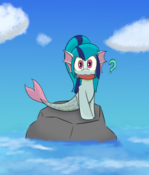 Size: 736x860 | Tagged: safe, alternate version, artist:cotarsis, derpibooru import, sonata dusk, fish, pony, seapony (g4), looking at you, mouth hold, question mark, rainbow rocks 10th anniversary, rock, solo, water