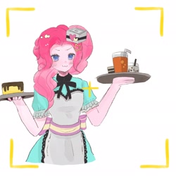 Size: 2048x2048 | Tagged: safe, artist:xueshitiexiuweide, derpibooru import, pinkie pie, human, equestria girls, g4, :3, apron, bubble tea, camera shot, clothes, dress, drink, female, hat, juice, meal, simple background, solo, tray, white background