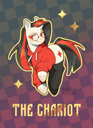 Size: 3997x5492 | Tagged: safe, artist:kuroikamome, derpibooru import, oc, oc only, pony, unicorn, g4, checkered background, clothes, female, glasses, gradient background, head turn, hoodie, horn, looking at you, mare, patterned background, red clothes, red eyes, smiling, solo, stars, stockings, tail, tarot card, text, thigh highs, two toned mane, two toned tail, white coat