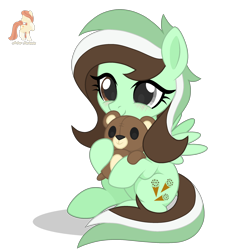 Size: 2400x2400 | Tagged: safe, artist:r4hucksake, derpibooru import, oc, oc only, oc:choco mint, pegasus, pony, cute, female, filly, foal, heterochromia, ocbetes, plushie, simple background, solo, teddy bear, transparent background