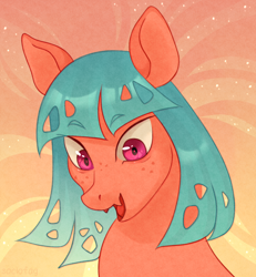 Size: 1250x1350 | Tagged: safe, artist:sociofag, derpibooru import, oc, oc only, oc:guava fizz, changeling, changepony, hybrid, pony, abstract background, bust, changeling oc, eyebrows, eyebrows visible through hair, fangs, female, gradient background, hybrid oc, open mouth, raised eyebrow, raised eyebrows, solo