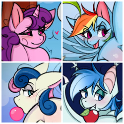 Size: 2048x2048 | Tagged: safe, artist:namelessplaza, derpibooru import, bon bon, rainbow dash, sugar belle, sweetie drops, oc, bat pony, earth pony, pegasus, unicorn, apple, blushing, bubblegum, bust, commission, food, gum, horn, portrait, ych example, your character here