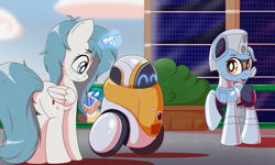 Size: 2496x1500 | Tagged: safe, artist:trackheadtherobopony, derpibooru import, oc, oc:nara (fl), oc:silverstream (robot pony), alicorn, pony, robot, robot pony, forza horizon, magic, remote, telekinesis