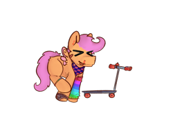 Size: 2732x2048 | Tagged: safe, artist:felixmcfurry, derpibooru import, scootaloo, pegasus, pony, g4, bandaid, bandaid on cheek, bandana, bell, blank flank, blood, clothes, digital art, ear piercing, eyes closed, female, filly, foal, gloves, neckerchief, nosebleed, orange fur, piercing, scooter, shading, simple background, sleeve, small wings, solo, sticker, tongue, tongue out, transparent background, wheel, wings