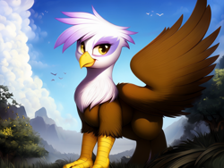 Size: 1280x960 | Tagged: safe, ai content, derpibooru exclusive, derpibooru import, machine learning generated, gilda, griffon, g4, female, generator:resonance cascade lite, generator:stable cascade, outdoors, prompter:mfg637, solo, spread wings, wings