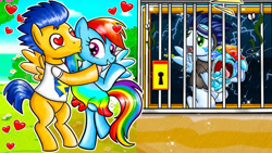 Size: 686x386 | Tagged: safe, artist:annie channel, derpibooru import, flash sentry, rainbow dash, soarin', oc, pegasus, pony, baby, clothes, cringing, crying, dress, female, flashdash, goggles, goggles on head, heart, heart eyes, jail, kissing, lock, male, offspring, outdoors, parent:rainbow dash, parent:soarin', parents:soarindash, rags, sad, shipping, shirt, smiling, straight, weird youtube kids video, wingding eyes, wings, youtube link, youtube thumbnail, youtube video