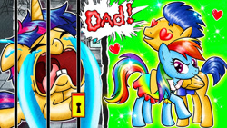 Size: 686x386 | Tagged: safe, artist:annie channel, derpibooru import, flash sentry, rainbow dash, oc, pegasus, pony, unicorn, baby, bars, clothes, crying, dialogue, dress, evil smile, female, flashdash, gums, heart, heart eyes, horn, jail, jail cell, lock, male, offspring, parent:flash sentry, parent:twilight sparkle, parents:flashlight, prison, sad, shipping, short tail, smiling, sobbing, straight, tail, trio, unicorn oc, weird youtube kids video, wingding eyes