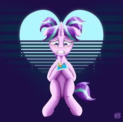 Size: 2000x1980 | Tagged: safe, artist:jphyperx, derpibooru import, starlight glimmer, pony, unicorn, g4, crying, female, filly, filly starlight glimmer, foal, heart, horn, implied shipping, implied starburst, implied straight, photo, retrowave, sitting, start of darkness, tears of sadness, younger