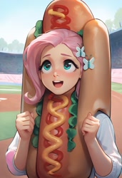 Size: 832x1216 | Tagged: safe, ai content, derpibooru import, generator:pony diffusion v6 xl, generator:stable diffusion, machine learning generated, fluttershy, human, equestria girls, g4, baseball field, clothes, costume, food, generator:civitai, hot dog, hot dog costume, ketchup, meat, mustard, outdoors, prompter:tttesttester123, relish, sauce, sausage, solo, sports, summer