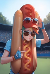 Size: 832x1216 | Tagged: safe, ai content, derpibooru import, generator:pony diffusion v6 xl, generator:stable diffusion, machine learning generated, rainbow dash, human, equestria girls, g4, baseball cap, baseball field, cap, clothes, female, fingerless gloves, food, generator:civitai, glasses, gloves, hat, hot dog, hot dog costume, ketchup, meat, mustard, outdoors, prompter:tttesttester123, relish, sauce, sausage, shirt, sports, summer, sunglasses, tomboy