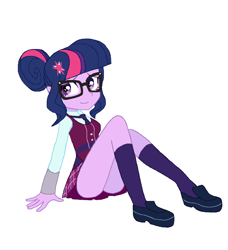 Size: 1288x1412 | Tagged: safe, artist:cheesesauce_45, derpibooru import, part of a set, sci-twi, twilight sparkle, equestria girls, friendship games, g4, bangs, clothes, crystal prep academy uniform, cutie mark accessory, cutie mark hair accessory, dress shoes, female, glasses, hair accessory, hair bun, kneesocks, looking away, necktie, old art, pixel-crisp art, plaid skirt, purple eyes, purple skin, school tie, school uniform, schoolgirl, schrödinger's pantsu, shirt, shoes, simple background, sitting, skirt, socks, solo, thighs, three quarter view, three toned hair, tied hair, white background