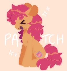 Size: 1009x1073 | Tagged: safe, artist:mlpnightcreluvr, derpibooru import, patch (g1), earth pony, pony, g1, ><, colored pinnae, ears, eyes closed, floppy ears, lineless, long mane, long tail, open mouth, open smile, orange backgrund, orange coat, red mane, red tail, shiny mane, shiny tail, sitting, smiling, solo, sparkles, tail, text, white text