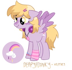 Size: 1009x977 | Tagged: safe, artist:mlpnightcreluvr, derpibooru import, derpy hooves, dinky hooves, oc, pegasus, pony, alternate cutie mark, base used, blonde, blonde mane, blonde tail, clothes, coat markings, colored wings, derp, ears, facial markings, floppy ears, golden eyes, gradient eyes, hair accessory, hairclip, headphones, hoofless socks, jewelry, kinsona, mane accessory, necklace, offspring, pegasus oc, pride, pride flag, purple coat, purple wingtips, simple background, snip (coat marking), socks, solo, spread wings, striped socks, tail, three quarter view, transgender pride flag, two toned mane, two toned tail, two toned wings, two toned wingtips, white background, wings, wristband