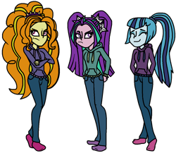 Size: 1003x872 | Tagged: safe, artist:flamefyre1235, derpibooru import, adagio dazzle, aria blaze, sonata dusk, equestria girls, g4, 2014, clothes, denim, female, hoodie, jeans, pants, simple background, the dazzlings, transparent background, trio, trio female