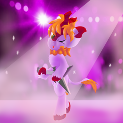 Size: 2048x2048 | Tagged: safe, artist:dianetgx, derpibooru import, oc, oc only, oc:karenina senna, kirin, :p, bipedal, cloven hooves, fog, guitar, kirin oc, leg hold, musical instrument, rainbow rocks 10th anniversary, spotlight, stage, tongue, tongue out