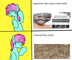 Size: 1200x1000 | Tagged: safe, artist:amateur-draw, derpibooru import, oc, oc only, oc:belle boue, pony, unicorn, g4, cringing, eyes closed, horn, hotline bling, meme, mud, mud mask, ponified, ponified meme, smiling, solo, species swap, unicorn oc