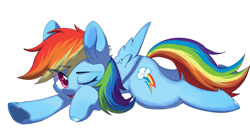 Size: 2067x1081 | Tagged: safe, artist:xqi, derpibooru import, rainbow dash, pegasus, pony, g4, backwards cutie mark, eye clipping through hair, female, looking at you, lying down, mare, one eye closed, open mouth, prone, simple background, smiling, solo, white background