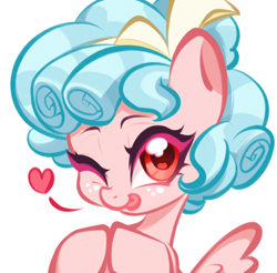 Size: 2560x2518 | Tagged: safe, artist:super阿芙瑞ya, derpibooru import, cozy glow, pegasus, pony, g4, ;p, bust, colored eyelashes, female, filly, foal, heart, hooves together, looking at you, one eye closed, pink eyelashes, portrait, simple background, solo, spread wings, tongue, tongue out, white background, wings