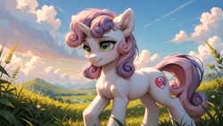 Size: 3840x2176 | Tagged: safe, ai content, derpibooru import, generator:stable diffusion, machine learning generated, sweetie belle, pony, unicorn, g4, cloud, cute, cutie mark, diasweetes, female, generator:realcartoon-pony, horn, meadow, mountain, older, older sweetie belle, prompter:truekry, river, scenery, sky, solo, tall grass, teenager, wallpaper, water