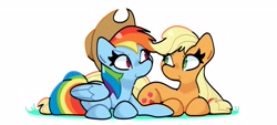 Size: 2824x1278 | Tagged: safe, artist:kindakismet, derpibooru import, applejack, rainbow dash, earth pony, pegasus, pony, g4, applejack's hat, clothes, cowboy hat, duo, duo female, female, hat, looking at each other, looking at someone, lying down, prone, simple background, white background