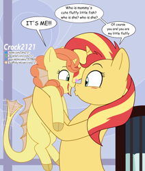 Size: 2420x2848 | Tagged: safe, artist:crock2121, derpibooru import, sunset shimmer, oc, pony, unicorn, g4, cute, dialogue, female, filly, foal, half-siren, holding a pony, horn, interspecies offspring, magical lesbian spawn, mama sunset, mare, mother and child, mother and daughter, ocbetes, offspring, open mouth, open smile, parent and child, parent:adagio dazzle, parent:sunset shimmer, parents:sunsagio, shimmerbetes, smiling, speech bubble, tail, tail wag