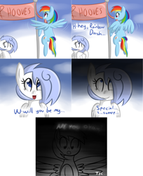 Size: 2562x3146 | Tagged: safe, artist:penguinpotential, derpibooru import, rainbow dash, oc, oc:frigid drift, pony, ask frigid drift, canon x oc, faint, female, lesbian, sign