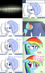 Size: 2562x4194 | Tagged: safe, artist:penguinpotential, derpibooru import, rainbow dash, oc, oc:frigid drift, pony, ask frigid drift, bed, hospital bed