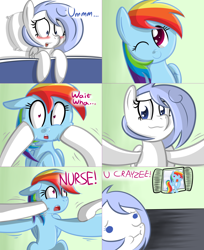 Size: 2562x3145 | Tagged: safe, artist:penguinpotential, derpibooru import, rainbow dash, oc, oc:frigid drift, pony, ask frigid drift, bed, blushing, hospital bed, one eye closed, wink