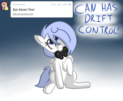 Size: 1280x1047 | Tagged: safe, artist:penguinpotential, derpibooru import, oc, oc only, oc:frigid drift, pegasus, pony, ask frigid drift, controller, female, gradient background, joystick, mare, mouth hold, solo