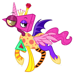 Size: 1200x1200 | Tagged: safe, artist:moondeer1616, derpibooru import, alicorn, hybrid, object pony, original species, pony, g4, ambiguous gender, ambiguous species, animate object, bat wings, crossover, horn, jewelry, lidded eyes, living toy, ponified, regalia, simple background, solo, sparkles, species swap, the amazing digital circus, toy, toy pony, transparent background, trippy, wings, zolo-toy, zooble