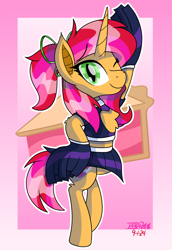 Size: 1706x2481 | Tagged: safe, artist:notadeliciouspotato, derpibooru import, oc, oc only, oc:strawberry filling, bat pony, hybrid, pony, unicorn, abstract background, bipedal, bow, cheerleader, cheerleader outfit, chest fluff, clothes, female, food, gradient background, hair bow, hoof on hip, horn, mare, one eye closed, pie, pom pom, smiling, solo, wink