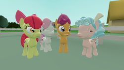 Size: 2048x1152 | Tagged: safe, artist:gaelgaming1, derpibooru import, apple bloom, cozy glow, scootaloo, sweetie belle, earth pony, pegasus, pony, unicorn, g4, 3d, female, filly, foal, group, horn, quartet, source filmmaker