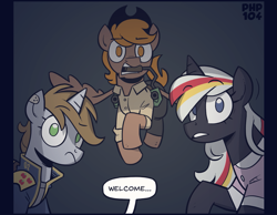 Size: 1485x1154 | Tagged: safe, artist:php104, derpibooru import, oc, oc only, oc:calamity, oc:littlepip, oc:velvet remedy, pegasus, pony, unicorn, fallout equestria, g4, bandage, battle saddle, clothes, dress, female, flying, gun, handgun, horn, jumpsuit, little macintosh, revolver, simple background, speech bubble, trio, vault suit, weapon