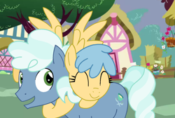 Size: 1520x1020 | Tagged: safe, artist:moonlightthegriffon, derpibooru import, earth pony, pegasus, pony, g4, ^^, base used, couple, duo, duo male and female, eyes closed, female, floating, happy, hay bale, hug, male, mare, ponyville, ship:wintertwist, shipping, smiling, spread wings, stallion, straight, sugar twist, surprise hug, tree, wings, winter mist