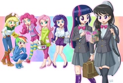 Size: 1234x834 | Tagged: safe, artist:uotapo, color edit, derpibooru import, edit, editor:overlord 2, angel bunny, applejack, fluttershy, octavia melody, pinkie pie, rainbow dash, rarity, twilight sparkle, twilight sparkle (alicorn), alicorn, human, pony, rabbit, equestria girls, g4, animal, comic book, female, human coloration, humane five, humane six, light skin, light skin edit, skin color edit