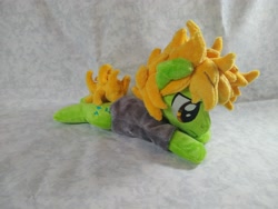 Size: 4096x3072 | Tagged: safe, artist:bluedragonflyplush, derpibooru import, earth pony, pony, all time low, clothes, commission, frown, irl, lidded eyes, lying down, male, photo, plushie, ponified, prone, shirt, solo, species swap, stallion, t-shirt, zack merrick