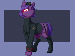 Size: 4000x3000 | Tagged: safe, artist:doofrabbit, derpibooru import, oc, oc only, earth pony, pony, equestria at war mod, boots, clothes, dark background, equal cutie mark, evil, female, glowing, glowing eyes, military, military uniform, shoes, solo, uniform