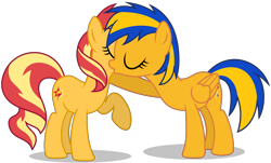 Size: 7012x4230 | Tagged: safe, artist:creedyboy124, derpibooru import, sunset shimmer, oc, oc:flare spark, pegasus, pony, unicorn, g4, canon x oc, duo, duo female, eyes closed, female, folded wings, horn, kissing, lesbian, mare, pegasus oc, ship:flareset, shipping, simple background, transparent background, vector, wings