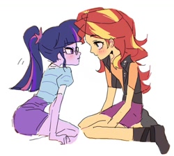 Size: 1056x951 | Tagged: safe, artist:wooodd_, derpibooru import, sunset shimmer, twilight sparkle, human, equestria girls, g4, duo, duo female, female, humanized, lesbian, looking at each other, looking at someone, shipping, simple background, sunsetsparkle, white background