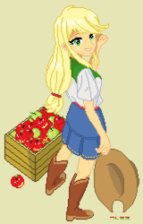 Size: 1600x2500 | Tagged: safe, artist:gonicfanfic, derpibooru import, applejack, equestria girls, g4, apple, digital art, female, food, pixel art, simple background