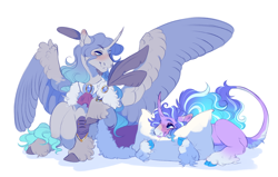 Size: 2646x1679 | Tagged: safe, artist:glorymoon, derpibooru import, oc, oc only, oc:prince plushy soft, oc:stell, alicorn, unicorn, cute, duo, feather, fluffy, gay, horn, male, pillow, simple background, soft, white background, wings