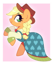 Size: 1400x1700 | Tagged: safe, artist:vivian reed, derpibooru import, applejack, earth pony, pony, g4, clothes, dress, female, heart, heart eyes, mare, no pupils, passepartout, pink background, rearing, signature, simple background, solo, wingding eyes